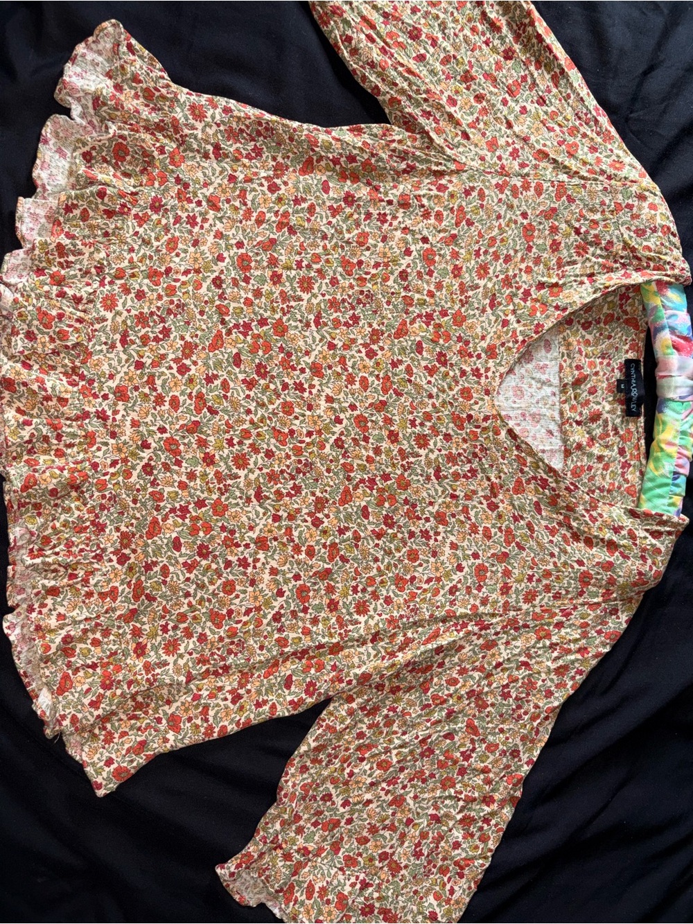 Cynthia Rowley Floral Top in Red, Yellow, Green on Cream